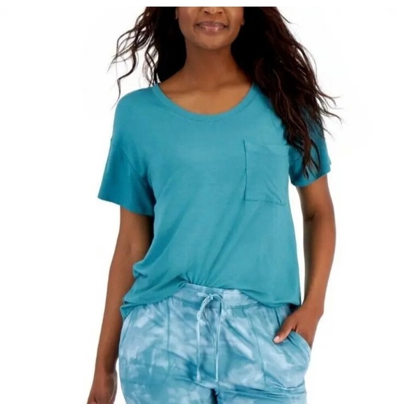💗 Alfani Soft Scoop Neck Short Sleeve Pocket Tee Greenblue Slate small NWT - Picture 1 of 2